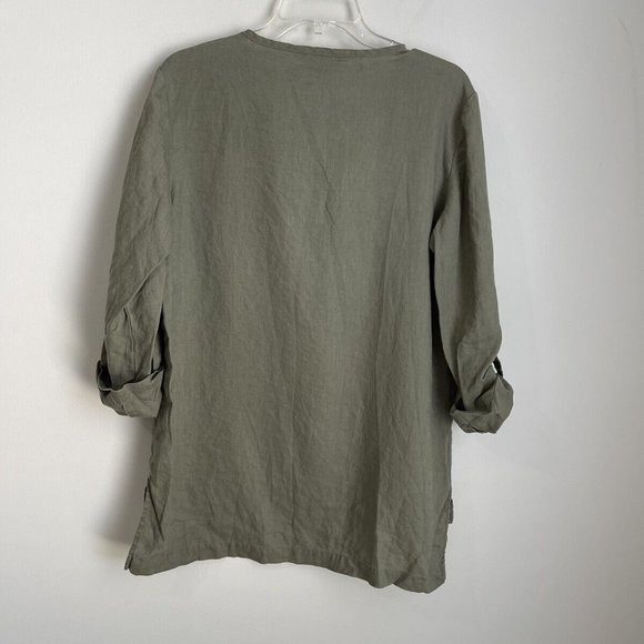 Company Ellen Tracy Green Linen Lace Up Front Roll Tab Sleeve Top - Picture 3 of 7